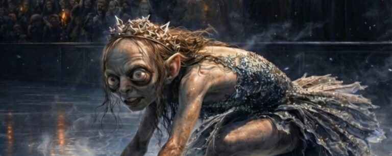 Meme: Eiskunstlauf im Stadion; gollumartige Gestalt auf dem Eis,