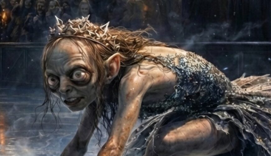 Meme: Eiskunstlauf im Stadion; gollumartige Gestalt auf dem Eis,