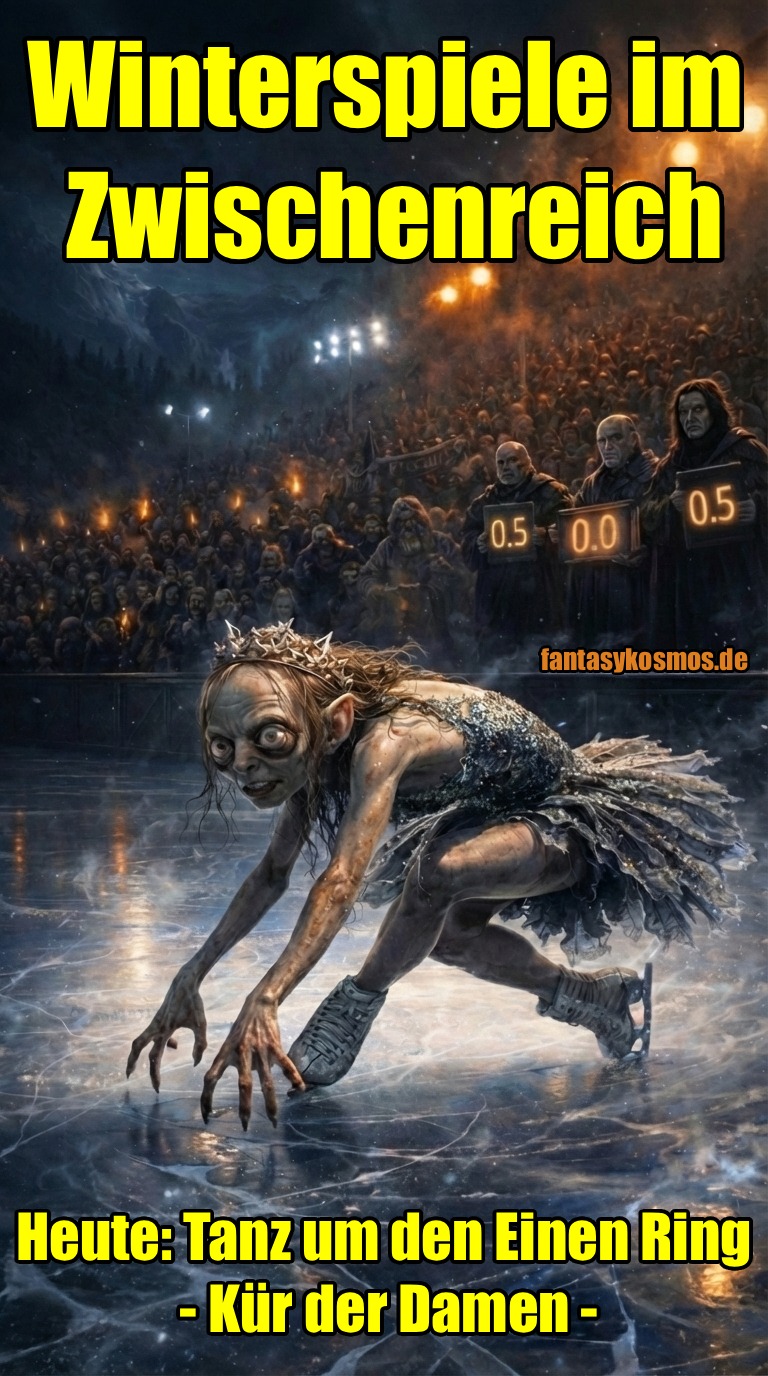 Meme: Eiskunstlauf im Stadion; gollumartige Gestalt auf dem Eis, Jury hält Wertungen 0,5/0,0/0,5; Text: „Winterspiele im Zwischenreich“ und „Heute: Tanz um den Einen Ring – Kür der Damen“
