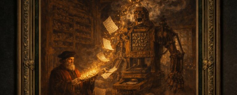 Gemälde in prunkvollem Rahmen düstere Werkstatt, Johann Gutenberg mit leuchtendem Setzstab, davor ein riesiger, dampfender Druck-Golem aus Holz, Metall und Runenplatten, aus dessen Brust Setzlettern und glühende Seiten stürzen; Schreiber am Tisch, überall Bücher und Kerzen.