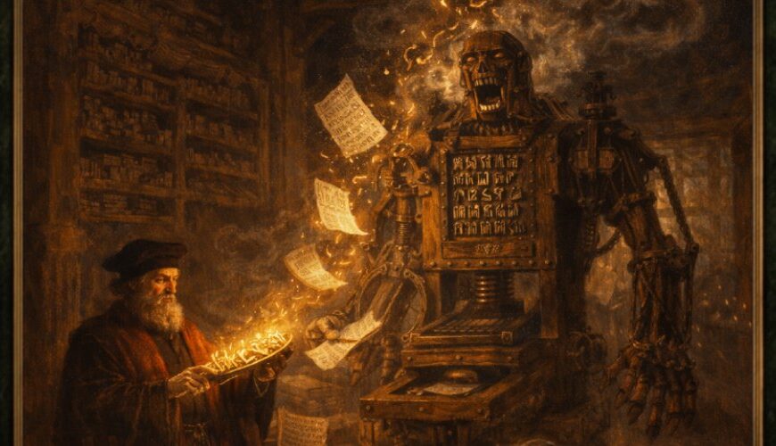 Gemälde in prunkvollem Rahmen düstere Werkstatt, Johann Gutenberg mit leuchtendem Setzstab, davor ein riesiger, dampfender Druck-Golem aus Holz, Metall und Runenplatten, aus dessen Brust Setzlettern und glühende Seiten stürzen; Schreiber am Tisch, überall Bücher und Kerzen.