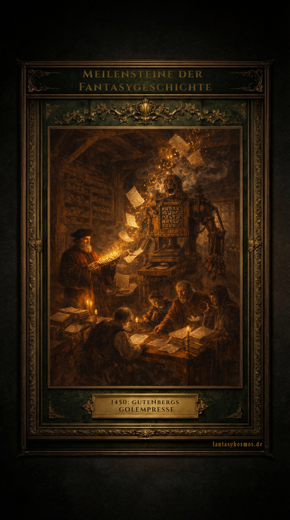 Gemälde in prunkvollem Rahmen „Meilensteine der Fantasygeschichte“: düstere Werkstatt, Johann Gutenberg mit leuchtendem Setzstab, davor ein riesiger, dampfender Druck-Golem aus Holz, Metall und Runenplatten, aus dessen Brust Setzlettern und glühende Seiten stürzen; Schreiber am Tisch, überall Bücher und Kerzen; Plakette: „1450: Gutenbergs Golempresse“, Signatur „fantasykosmos.de“.