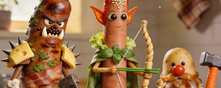 Humorvolles Meme „Wurst of the Rings“: Drei Figuren aus Grillzutaten stehen auf einem Holztisch in einer Küche – links eine böse Ork-Bratwurst mit Käse-Schulterpads, Speckgürtel, Knochen-Axt und wütendem Gesicht; in der Mitte eine schlanke Elfen-Wurst mit Salat-Cape, Basilikum-Blättern und Bogen; rechts ein Zwerg aus Kartoffel mit Wurstbart, Käsewürfeln als Rüstung und Hammer
