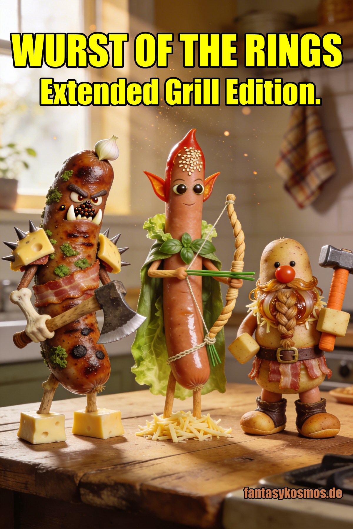 Humorvolles Meme „Wurst of the Rings“: Drei Figuren aus Grillzutaten stehen auf einem Holztisch in einer Küche – links eine böse Ork-Bratwurst mit Käse-Schulterpads, Speckgürtel, Knochen-Axt und wütendem Gesicht; in der Mitte eine schlanke Elfen-Wurst mit Salat-Cape, Basilikum-Blättern und Bogen; rechts ein Zwerg aus Kartoffel mit Wurstbart, Käsewürfeln als Rüstung und Hammer; darüber Text „WURST OF THE RINGS – Extended Grill Edition.“, unten „fantasykosmos.de“.
