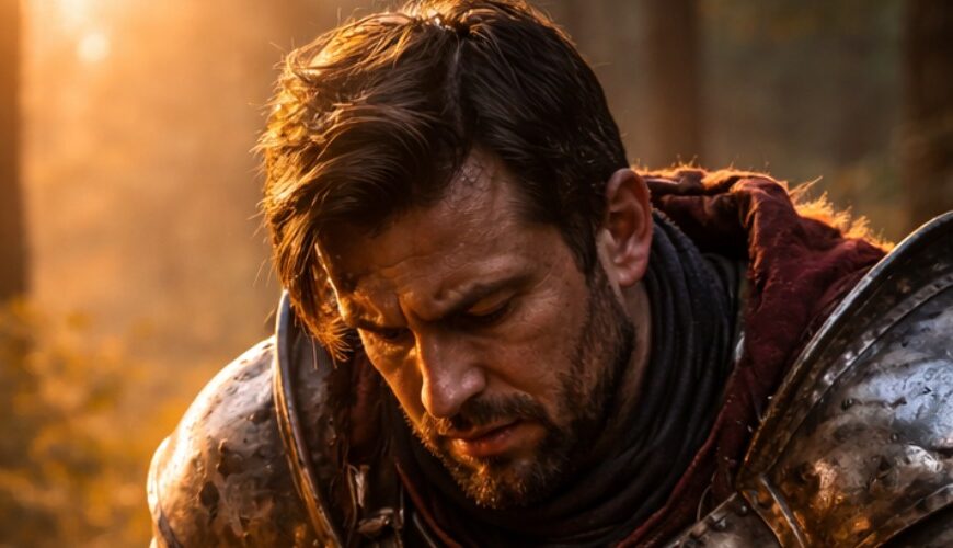 Meme: erschöpfter Ritter in voller Rüstung sitzt im Wald an einem Holztisch mit bunten Heiltränken, hält eine moderne Bankkarte über ein Kartenlesegerät, dessen rotes Licht „abgelehnt“ signalisiert