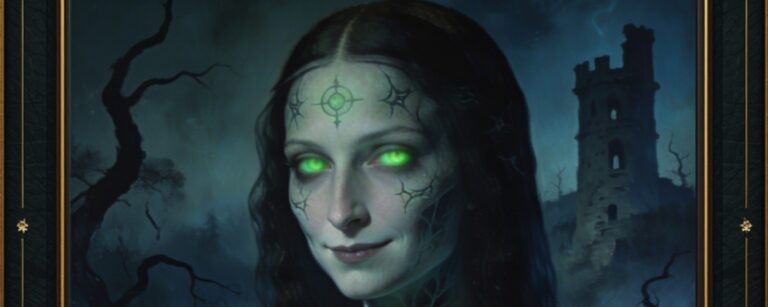 Meme: Parodie der Mona Lisa als untote Lich-Zauberin mit grün leuchtenden Augen und Runen auf Haut und Kleid, im Hintergrund eine verfallene Burg und Geister; reich verzierter schwarzer Rahmen mit goldener Ornamentik.