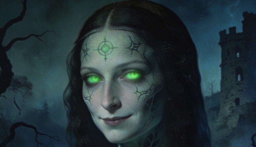 Meme: Parodie der Mona Lisa als untote Lich-Zauberin mit grün leuchtenden Augen und Runen auf Haut und Kleid, im Hintergrund eine verfallene Burg und Geister; reich verzierter schwarzer Rahmen mit goldener Ornamentik.