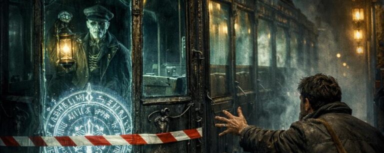 Meme: Nebliger Bahnsteig mit geisterhaftem Zug und Absperrband;.