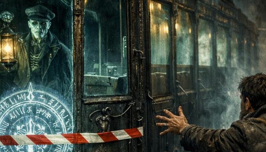 Meme: Nebliger Bahnsteig mit geisterhaftem Zug und Absperrband;.