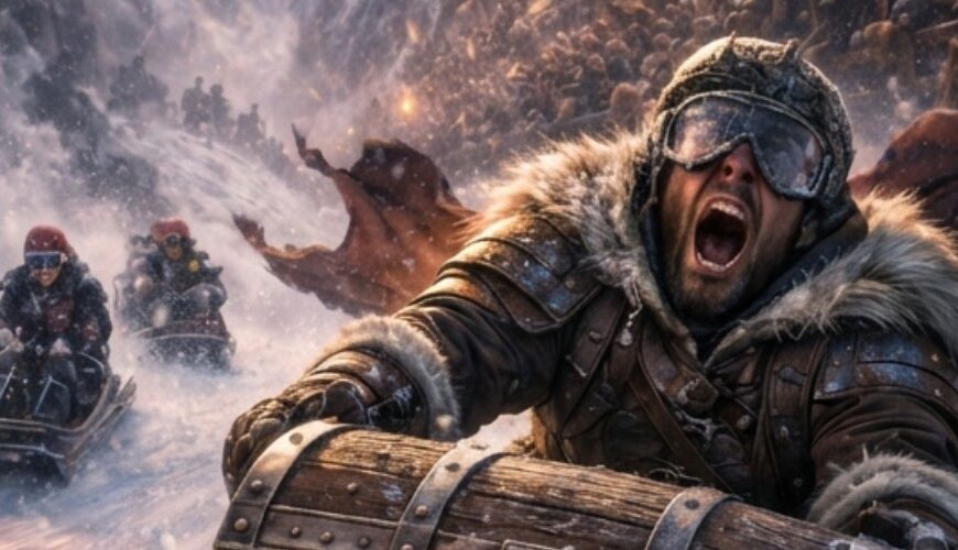 Meme: Schnee-Actionszene mit Rodler auf einem Mimic-Schlitten mit Zähnen.