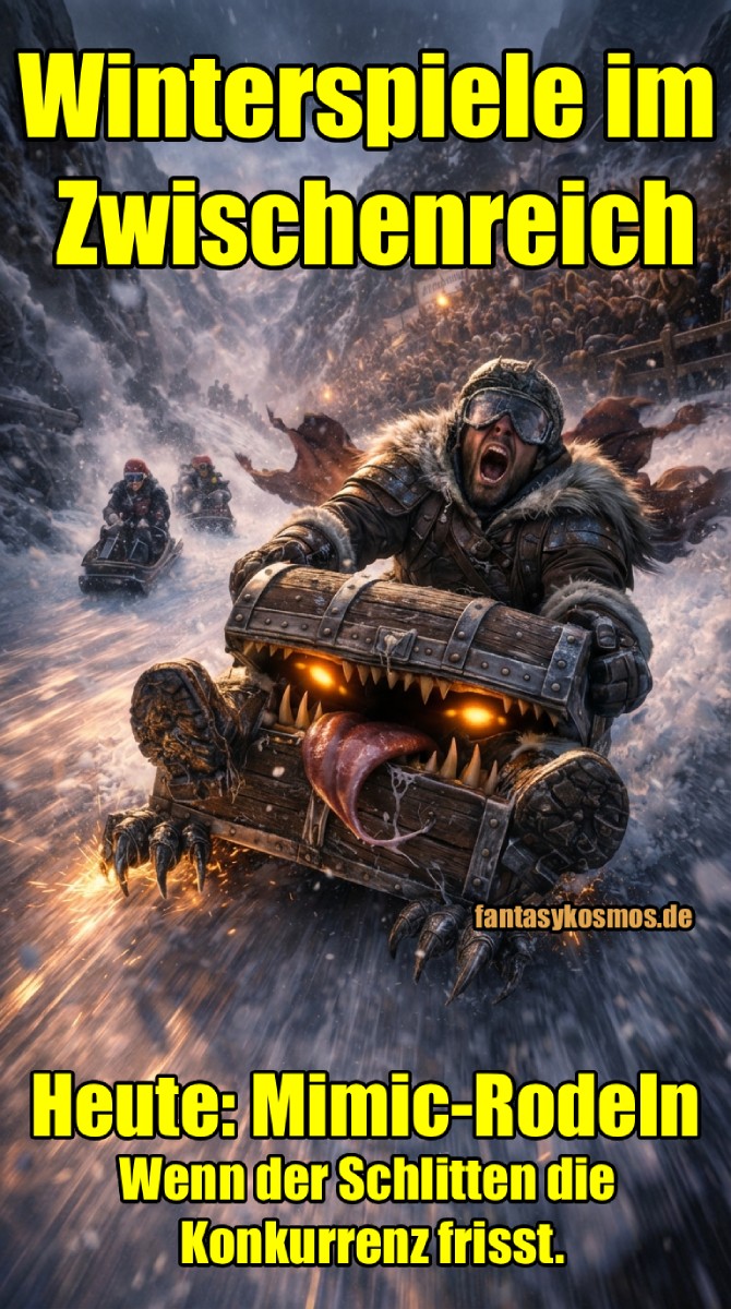 Meme: Schnee-Actionszene mit Rodler auf einem Mimic-Schlitten mit Zähnen; Text: „Winterspiele im Zwischenreich“ und „Heute: Mimic-Rodeln – Wenn der Schlitten die Konkurrenz frisst.“