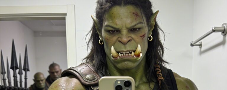 Muskelbepackte Orkfrau in Leder- und Metallrüstung macht ein Selfie im Badezimmer-Spiegel mit einem modernen Smartphone. Hinter ihr warten zwei weitere Orks mit Waffen und Schilden, im Raum stehen Stiefel und Speere. Über dem Bild steht der Text „Letztes Selfie.“, unten „Dann plündern.“.