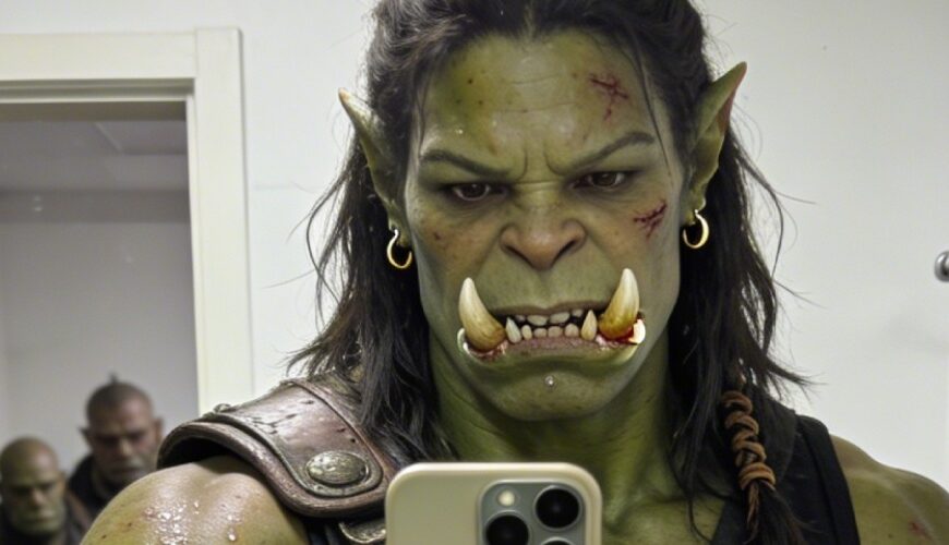 Muskelbepackte Orkfrau in Leder- und Metallrüstung macht ein Selfie im Badezimmer-Spiegel mit einem modernen Smartphone. Hinter ihr warten zwei weitere Orks mit Waffen und Schilden, im Raum stehen Stiefel und Speere. Über dem Bild steht der Text „Letztes Selfie.“, unten „Dann plündern.“.