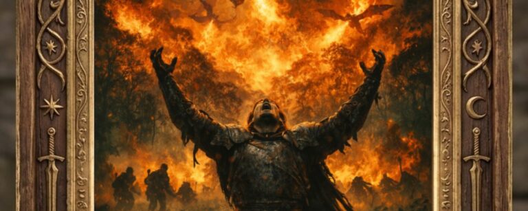 Meme im prunkvollen Holzrahmen „Klassiker des Fantasykinos“: vor einem brennenden Dschungel kniet ein erschöpfter Soldaten-Ritter in Rüstung mit ausgebreiteten Armen, über ihm fliegen Drachen im Feuerinferno.