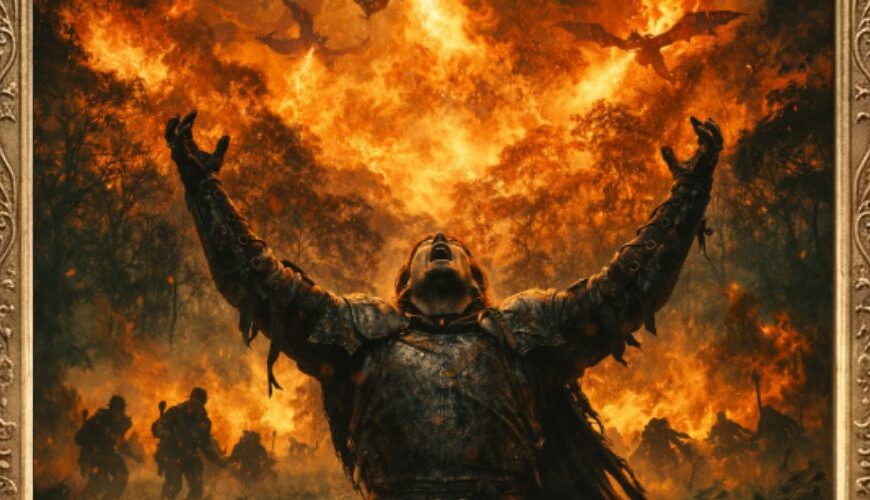 Meme im prunkvollen Holzrahmen „Klassiker des Fantasykinos“: vor einem brennenden Dschungel kniet ein erschöpfter Soldaten-Ritter in Rüstung mit ausgebreiteten Armen, über ihm fliegen Drachen im Feuerinferno.