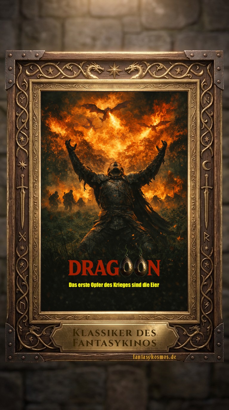 Meme im prunkvollen Holzrahmen „Klassiker des Fantasykinos“: vor einem brennenden Dschungel kniet ein erschöpfter Soldaten-Ritter in Rüstung mit ausgebreiteten Armen, über ihm fliegen Drachen im Feuerinferno; unten der Filmtitel „DRAGOON“, die beiden „O“ als leuchtende Dracheneier; gelber Untertitel „Das erste Opfer des Krieges sind die Eier“, Signatur „fantasykosmos.de“.