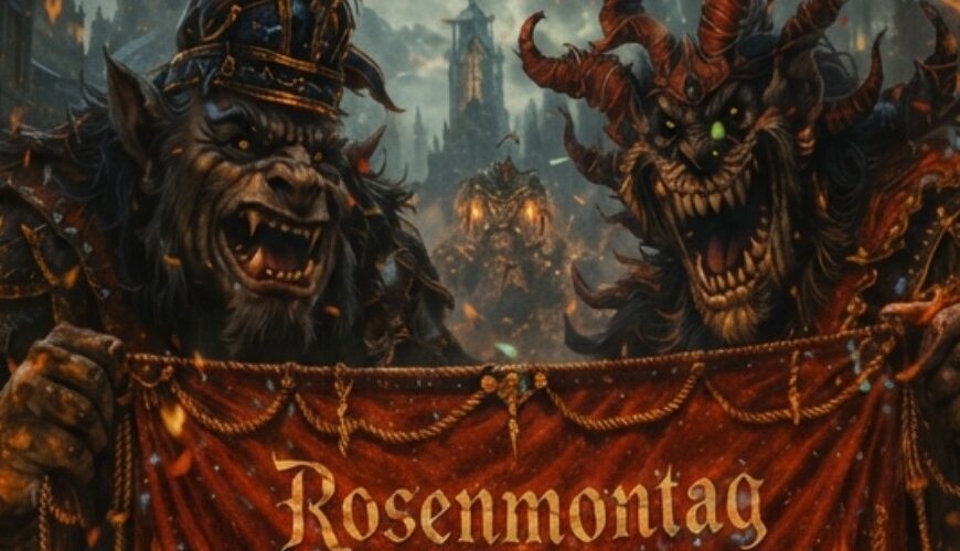 Meme: Düsterer Fantasy-Karneval in einer gotischen Stadt; Dämonen und Monster tragen ein rotes Banner mit der Aufschrift „Rosenmontag im Zwischenreich“, vorne marschiert eine dämonische Funkenmariechen-Figur mit Fackel, überall Fackeln und Konfetti.