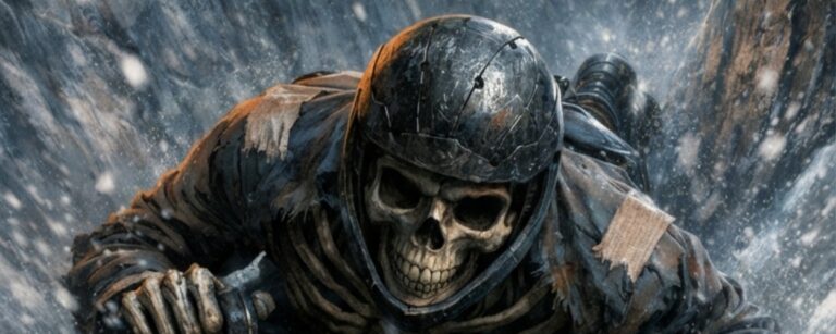 Meme: Skelett-Athlet rast kopfüber auf einem Schlitten durch eisige Bahn.