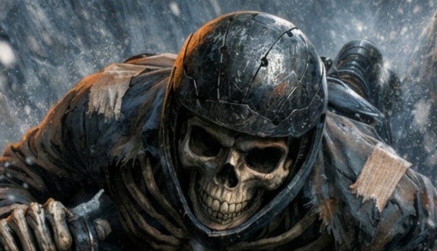 Meme: Skelett-Athlet rast kopfüber auf einem Schlitten durch eisige Bahn.