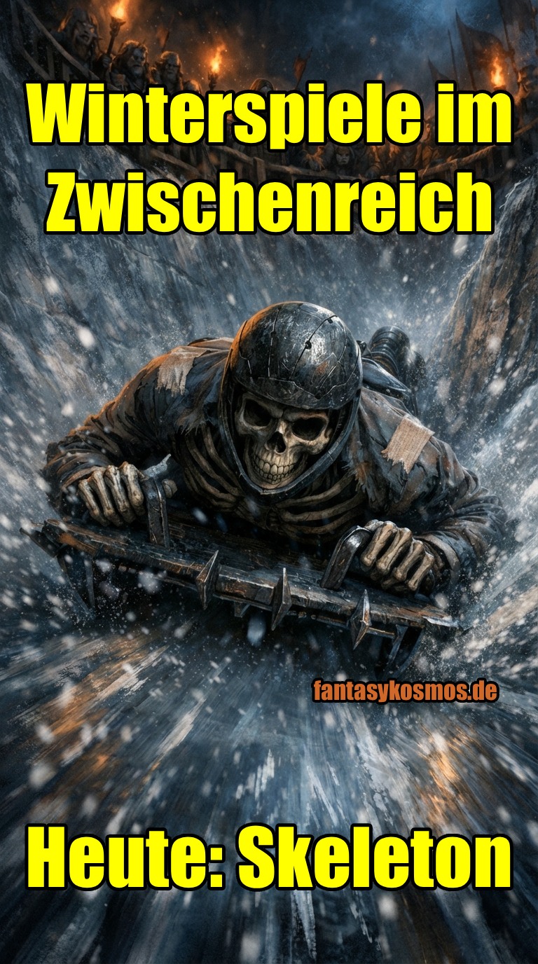 Meme: Skelett-Athlet rast kopfüber auf einem Schlitten durch eisige Bahn; Text: „Winterspiele im Zwischenreich“ und „Heute: Skeleton“.