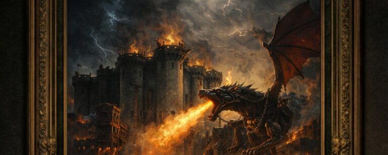 Gemälde in prunkvollem Goldrahmen mit der Aufschrift „Meilensteine der Fantasygeschichte“; darunter eine brennende Festung, vor der eine aufgebrachte Menge mit Fackeln und Bannern stürmt; ein riesiger angeketteter Drache speit Feuer auf die Bastille, Wagen und Kämpfer im Vordergrund.