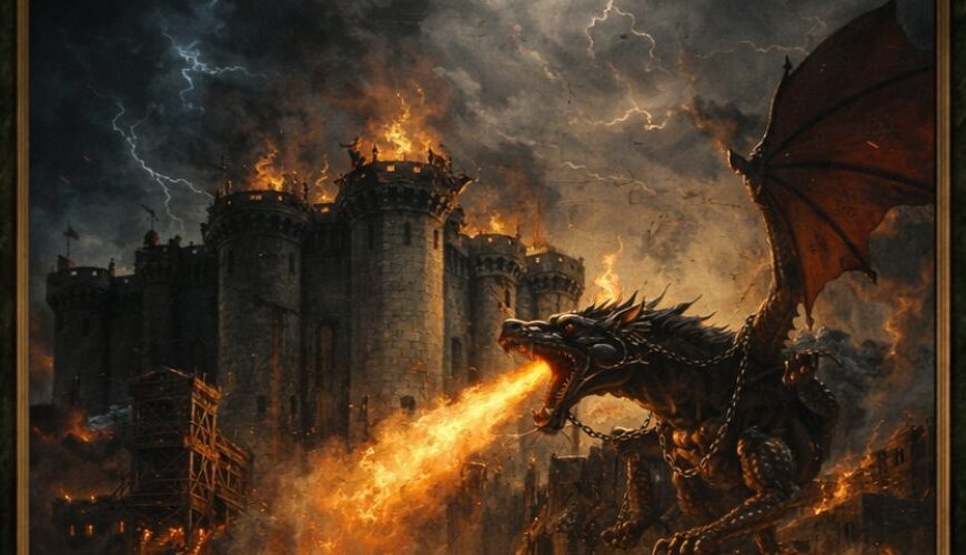 Gemälde in prunkvollem Goldrahmen mit der Aufschrift „Meilensteine der Fantasygeschichte“; darunter eine brennende Festung, vor der eine aufgebrachte Menge mit Fackeln und Bannern stürmt; ein riesiger angeketteter Drache speit Feuer auf die Bastille, Wagen und Kämpfer im Vordergrund.