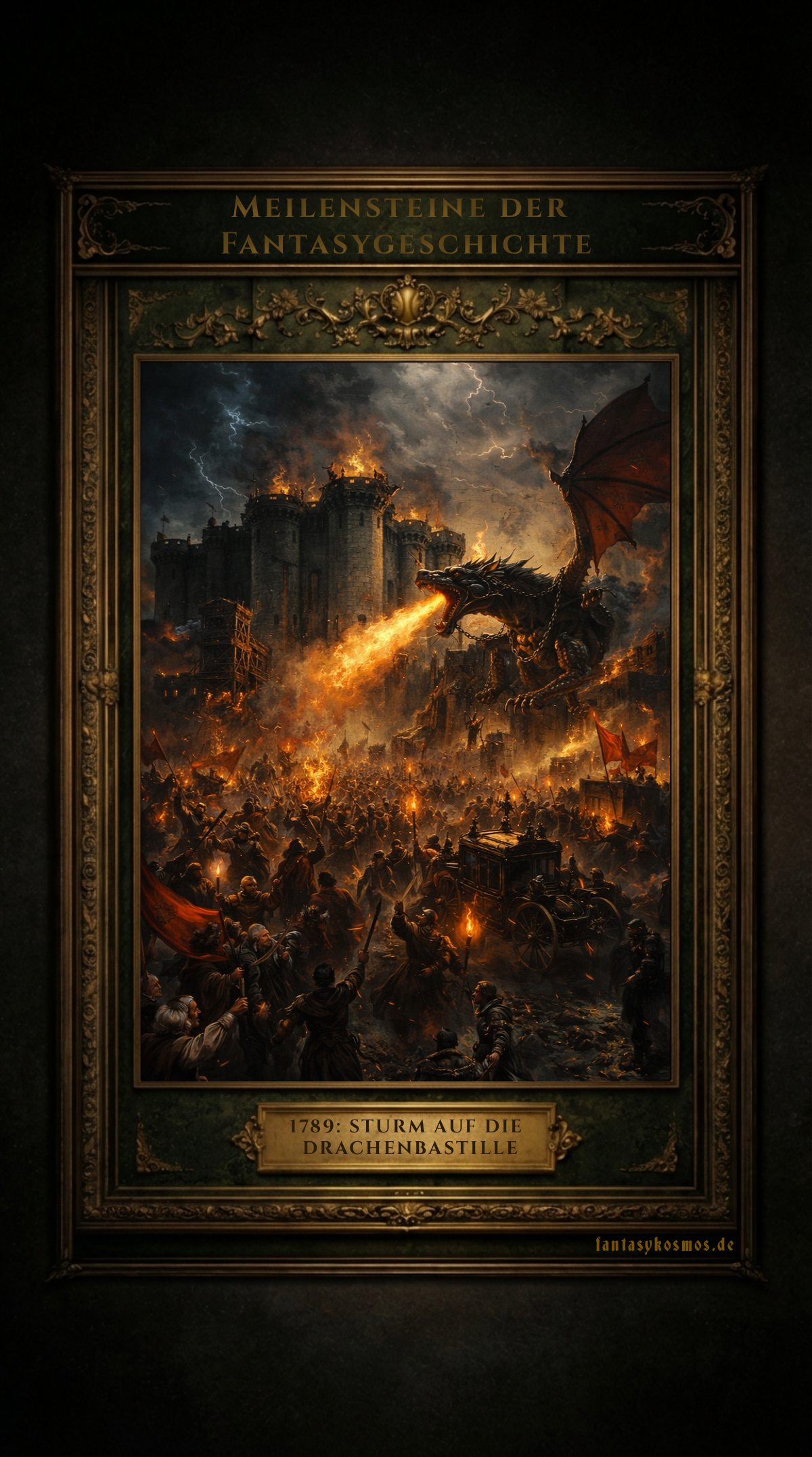 Gemälde in prunkvollem Goldrahmen mit der Aufschrift „Meilensteine der Fantasygeschichte“; darunter eine brennende Festung, vor der eine aufgebrachte Menge mit Fackeln und Bannern stürmt; ein riesiger angeketteter Drache speit Feuer auf die Bastille, Wagen und Kämpfer im Vordergrund; Plakette: „1789: Sturm auf die Drachenbastille“, Signatur „fantasykosmos.de“.