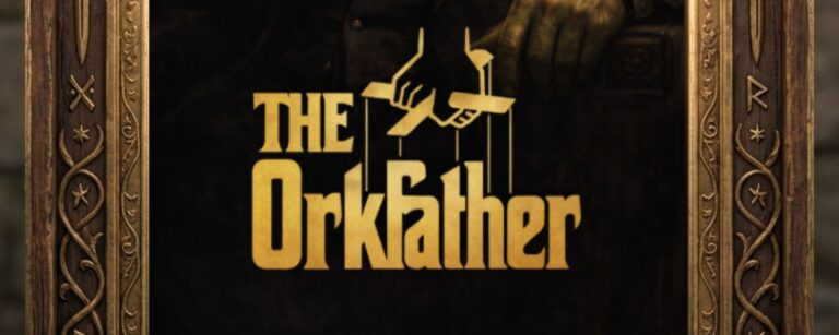 Meme: Prunkvoller Holz- und Metallrahmen mit Runen, Schwertern und Drachenornamenten; Logo „The Orkfather“ im Stil von „The Godfather“.