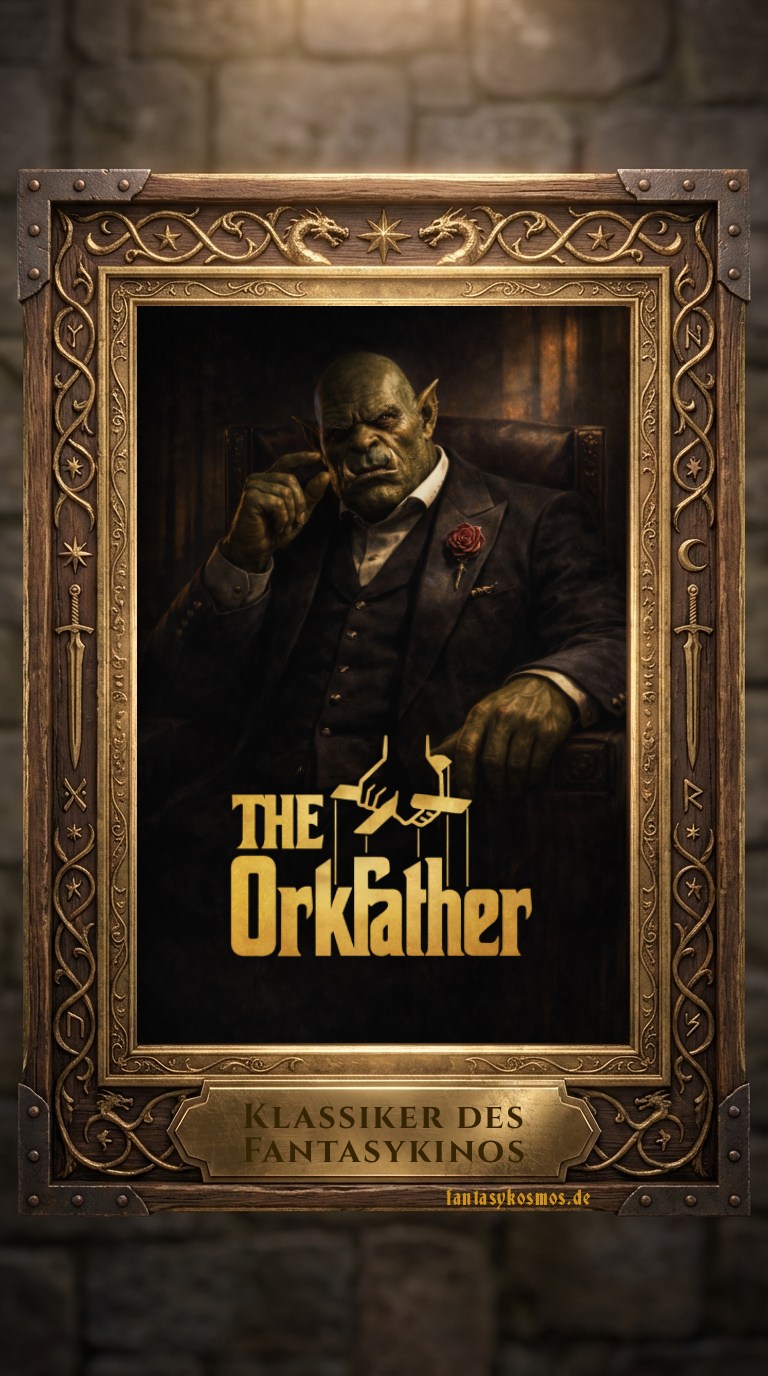Meme: Prunkvoller Holz- und Metallrahmen mit Runen, Schwertern und Drachenornamenten; darin ein Ork im dunklen Dreiteiler, sitzt wie ein Mafiaboss in einem Sessel, ernstes Gesicht, rote Rose am Revers; darunter Logo „The Orkfather“ im Stil von „The Godfather“; Plakette: „Klassiker des Fantasykinos“, Signatur „fantasykosmos.de“.