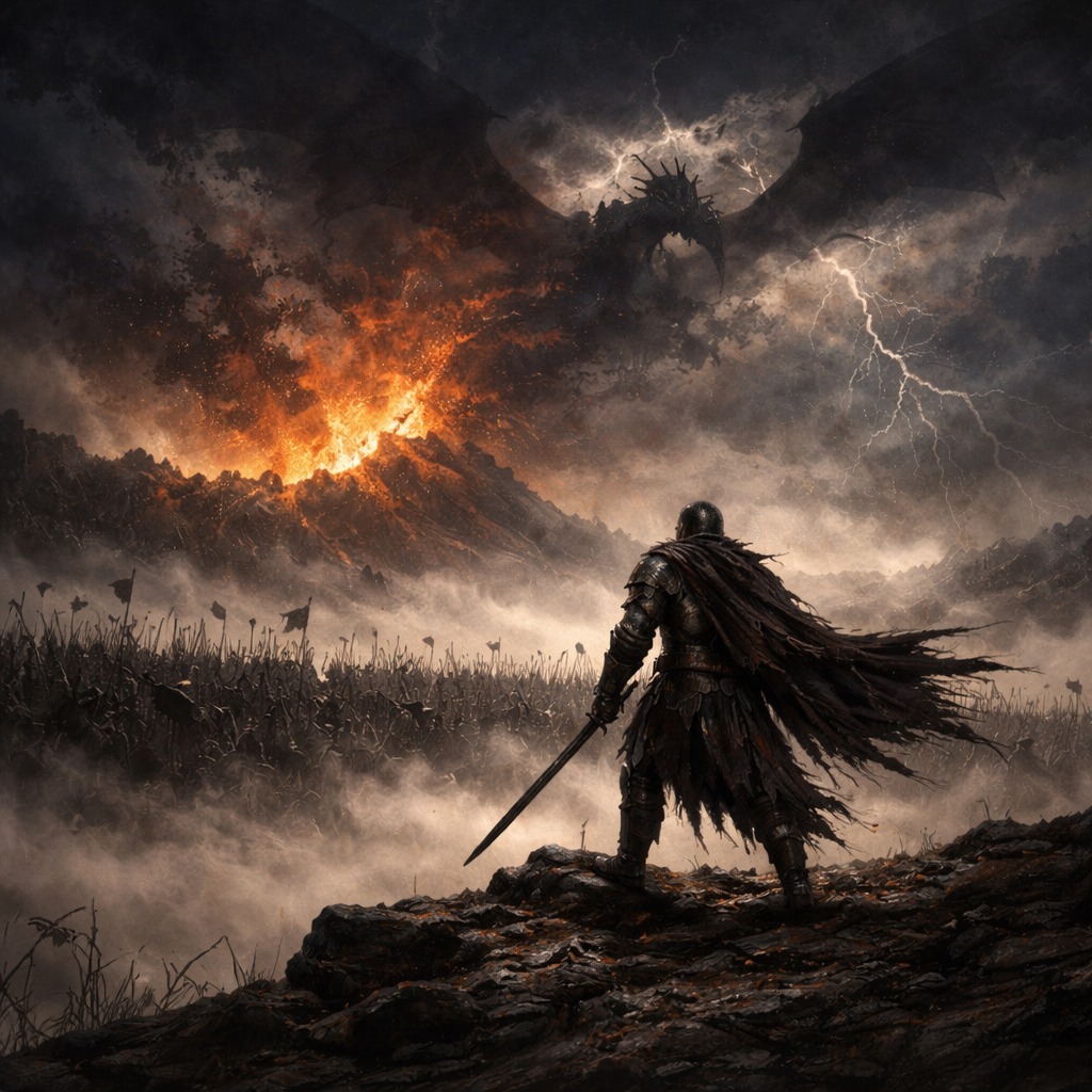 Ein gigantischer roter Drache erhebt sich über einer tobenden Konzertmenge, seine feurigen Flügel tragen leuchtende Notensymbole, während Blitze durch den Himmel zucken und Flammen die Bühne umhüllen.