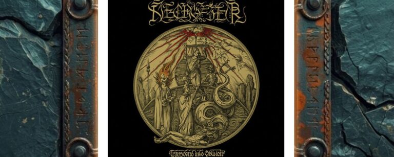 Albumcover Necrofier – Transcend Into Oblivion: ockerfarbene, kreisrunde Ritualszene auf schwarzem Grund mit robenbewehrtem Priester, der ein Buch in blutrote Strahlen hebt, knienden Kultisten, einer riesigen Schlange um eine liegende Figur und Necrofier-Logo darüber.