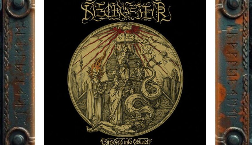 Albumcover Necrofier – Transcend Into Oblivion: ockerfarbene, kreisrunde Ritualszene auf schwarzem Grund mit robenbewehrtem Priester, der ein Buch in blutrote Strahlen hebt, knienden Kultisten, einer riesigen Schlange um eine liegende Figur und Necrofier-Logo darüber.