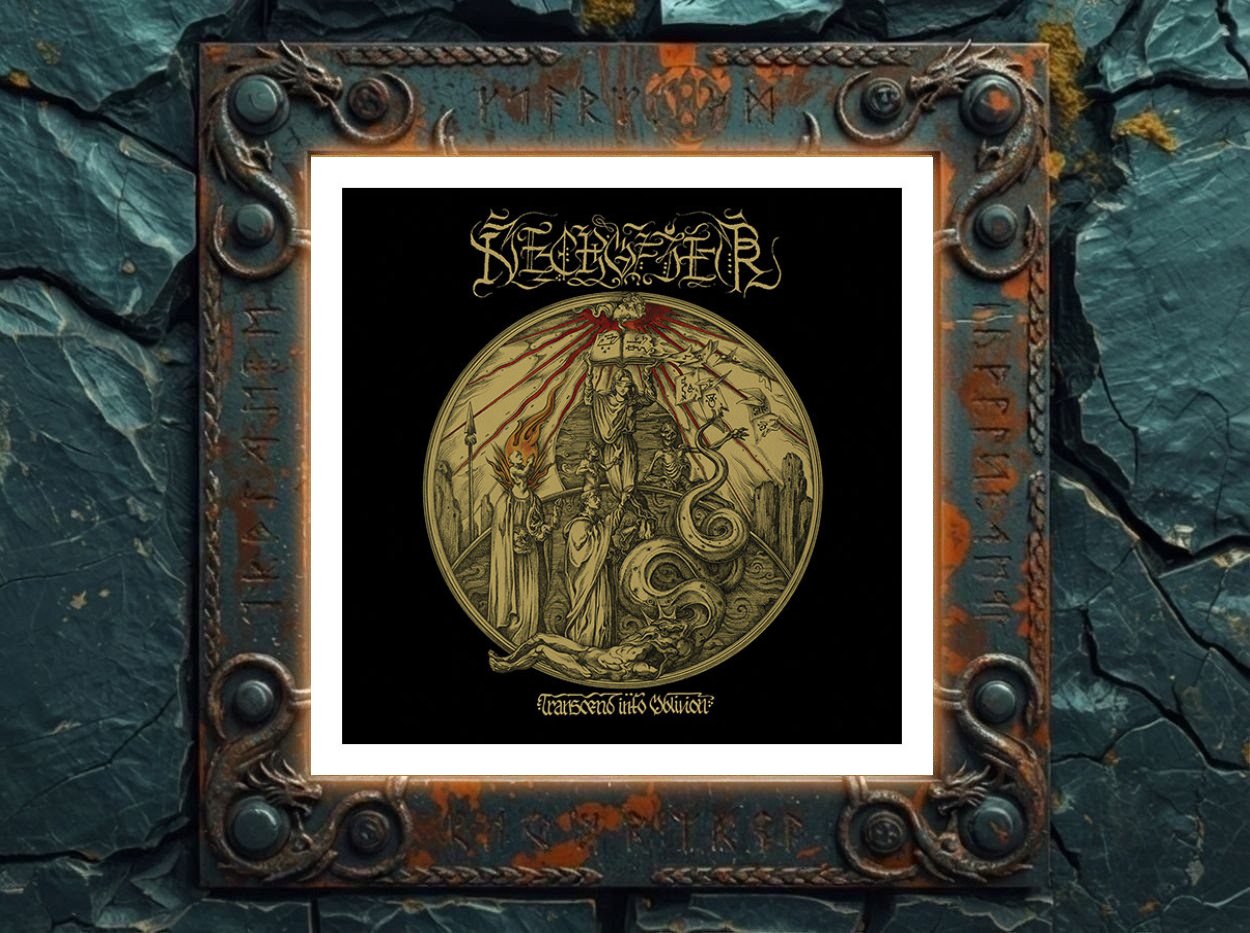 Albumcover Necrofier – Transcend Into Oblivion: ockerfarbene, kreisrunde Ritualszene auf schwarzem Grund mit robenbewehrtem Priester, der ein Buch in blutrote Strahlen hebt, knienden Kultisten, einer riesigen Schlange um eine liegende Figur und Necrofier-Logo darüber.