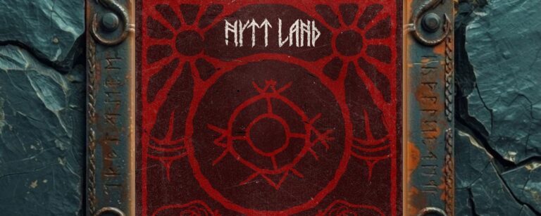 Albumcover Nytt Land – Aba Khan: dunkelroter, abgenutzter Hintergrund mit schamanisch anmutenden roten Linienzeichnungen – zentral ein kreisförmiges Symbol, oben der Schriftzug Nytt Land, unten der Titel Aba Khan, flankiert von zwei stilisierten Tierfiguren.