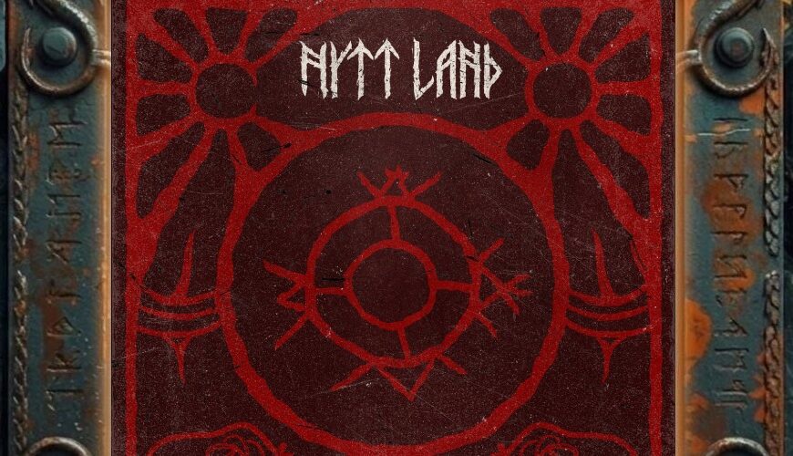 Albumcover Nytt Land – Aba Khan: dunkelroter, abgenutzter Hintergrund mit schamanisch anmutenden roten Linienzeichnungen – zentral ein kreisförmiges Symbol, oben der Schriftzug Nytt Land, unten der Titel Aba Khan, flankiert von zwei stilisierten Tierfiguren.