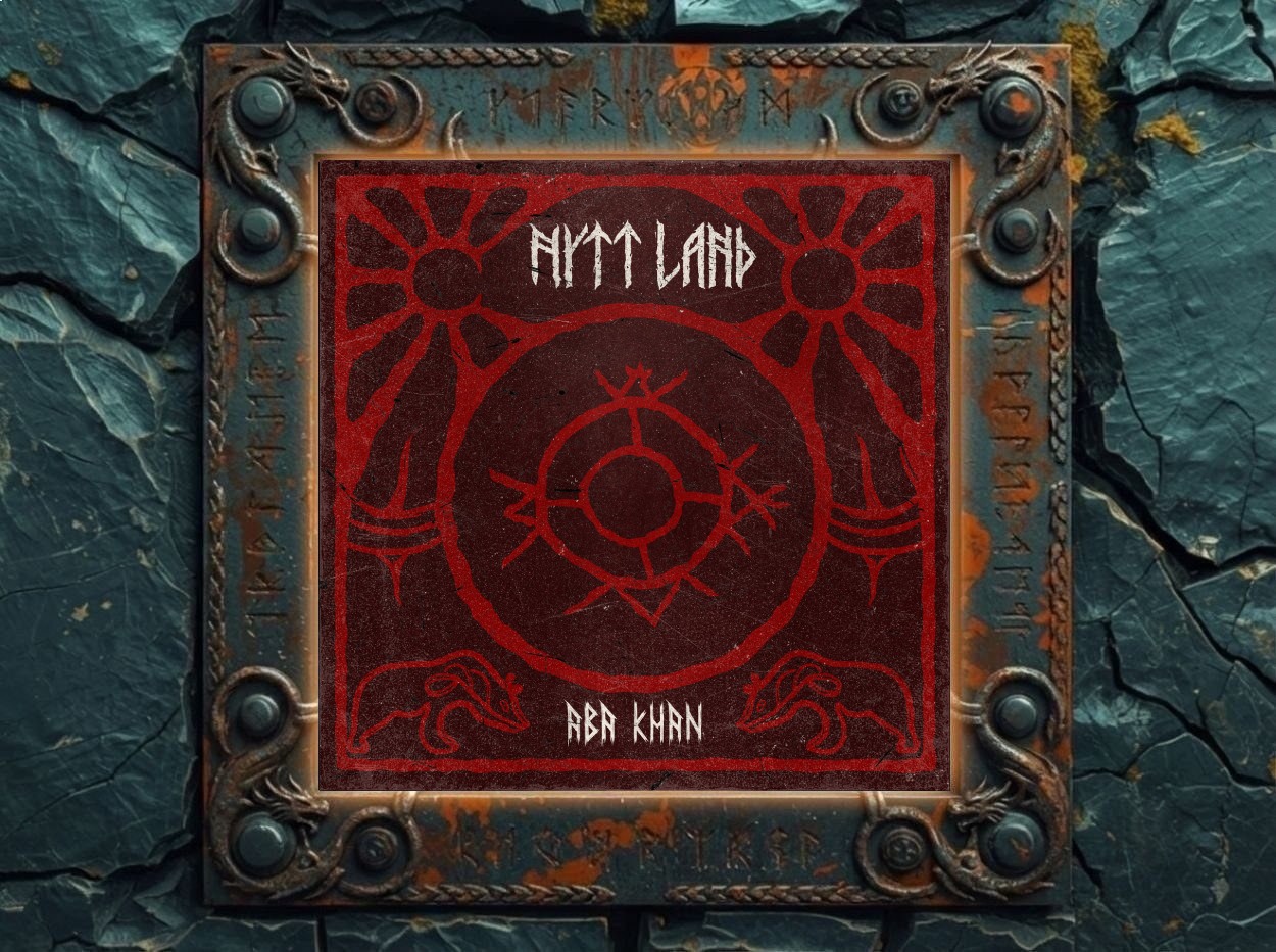 Albumcover Nytt Land – Aba Khan: dunkelroter, abgenutzter Hintergrund mit schamanisch anmutenden roten Linienzeichnungen – zentral ein kreisförmiges Symbol, oben der Schriftzug Nytt Land, unten der Titel Aba Khan, flankiert von zwei stilisierten Tierfiguren.