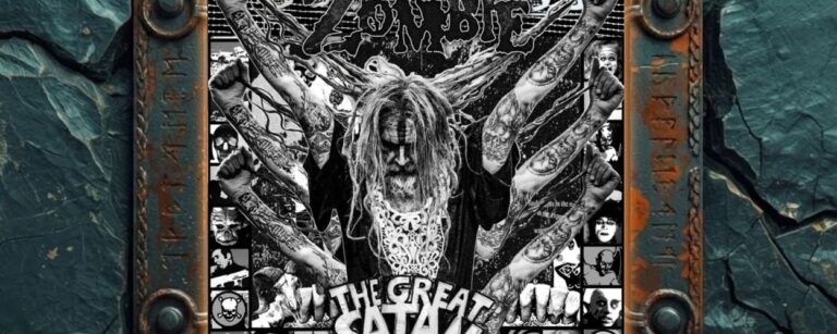 Albumcover Rob Zombie – The Great Satan: schwarzweißes Collage-Artwork mit Rob Zombie in der Mitte, aus dessen Rücken mehrere tätowierte Arme mit erhobenen Fäusten wachsen, umgeben von Horror-Comic-Panels und dem Schriftzug The Great Satan.
