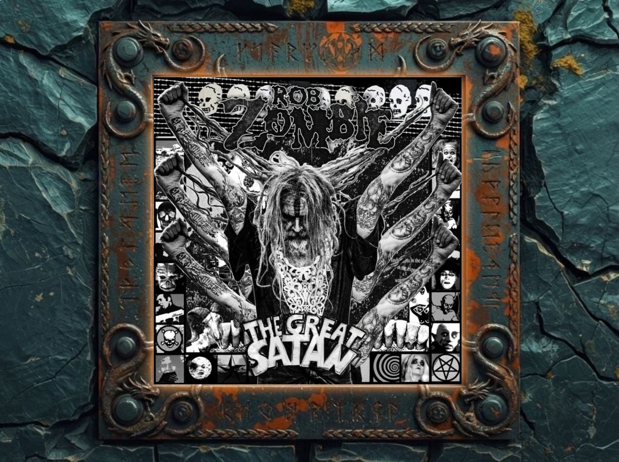 Albumcover Rob Zombie – The Great Satan: schwarzweißes Collage-Artwork mit Rob Zombie in der Mitte, aus dessen Rücken mehrere tätowierte Arme mit erhobenen Fäusten wachsen, umgeben von Horror-Comic-Panels und dem Schriftzug The Great Satan.