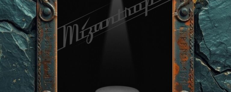 Schwarzgraues Albumcover zu Mizantrop von She Past Away: diagonaler, stilisierter Schriftzug „Mizantrop“ oben, unten ein einzelner heller Lichtkreis wie eine Bühne im Spotlight, rechts unten der Bandname.