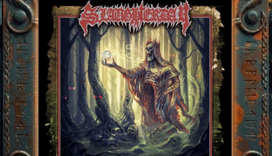 Albumcover Slaughterday – Dread Emperor: verwesender Skelettkaiser im blutigen Mantel schwebt durch einen nebeligen Horrorwald, hält eine leuchtende Kugel in der Hand, umgeben von toten Köpfen und Bäumen mit roten Augen.
