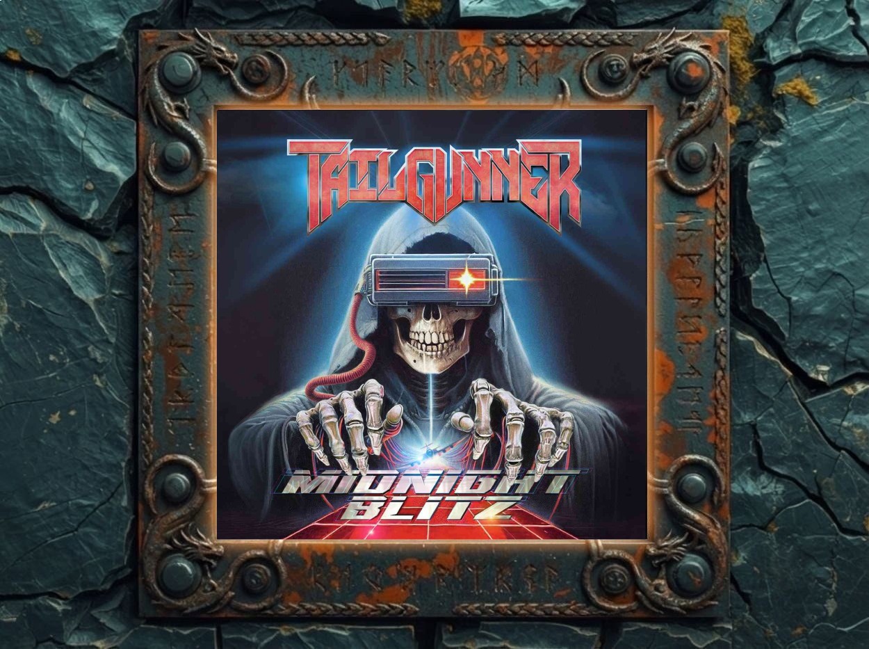 Albumcover Tailgunner – „Midnight Blitz“: ein grinsendes Skelett in schwarzer Kapuze trägt eine futuristische VR-Brille mit rotem Kabel und leuchtendem Visier, die knochigen Hände schweben über einem neonroten Rasterboden, auf dem der verchromte Schriftzug „MIDNIGHT BLITZ“ prangt; oben steht das Tailgunner-Logo im rot-metallischen Oldschool-Metal-Schriftzug.