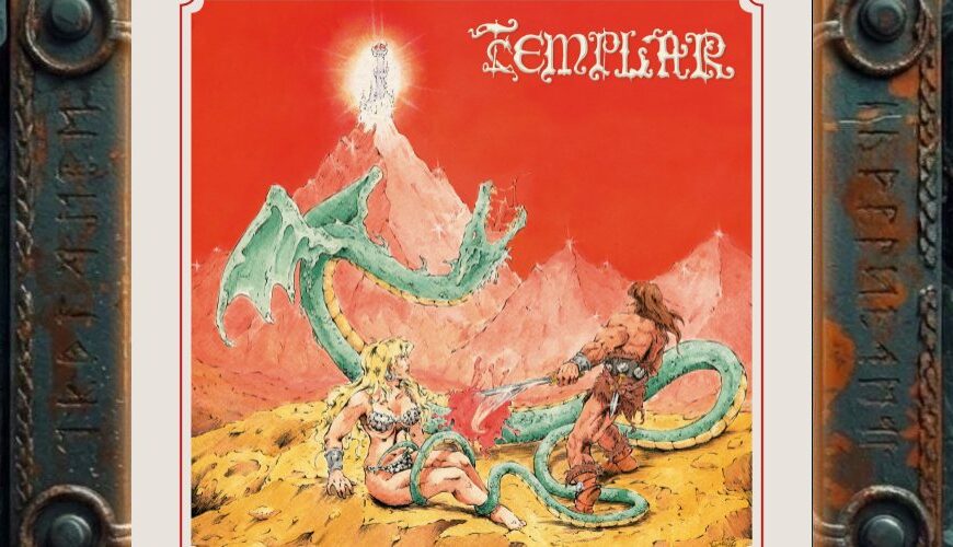 Albumcover Templar – Conquering Swords: knallig rotes 80er-Fantasy-Gemälde mit Barbaren-Krieger, der einen mintgrünen Schlangen-Drachen bekämpft, während eine blonde Kriegerin im Kettenbikini am Boden liegt; im Hintergrund Berge mit leuchtendem Turm, oben Templar-Logo, unten der Titel.