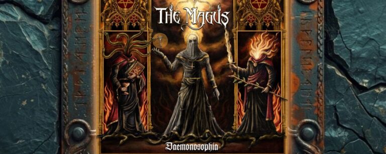 Albumcover The Magus – Daemonosophia: infernales Triptychon von Néstor Ávalos mit drei dämonischen Zwillingsgestalten – Lucifer/Samael mit Schlüssel, Leviathan/Tiamat mit Buch und Kelch, Satan/Belial mit Schwert und Zweig – im Stil eines dunklen byzantinischen Altars.