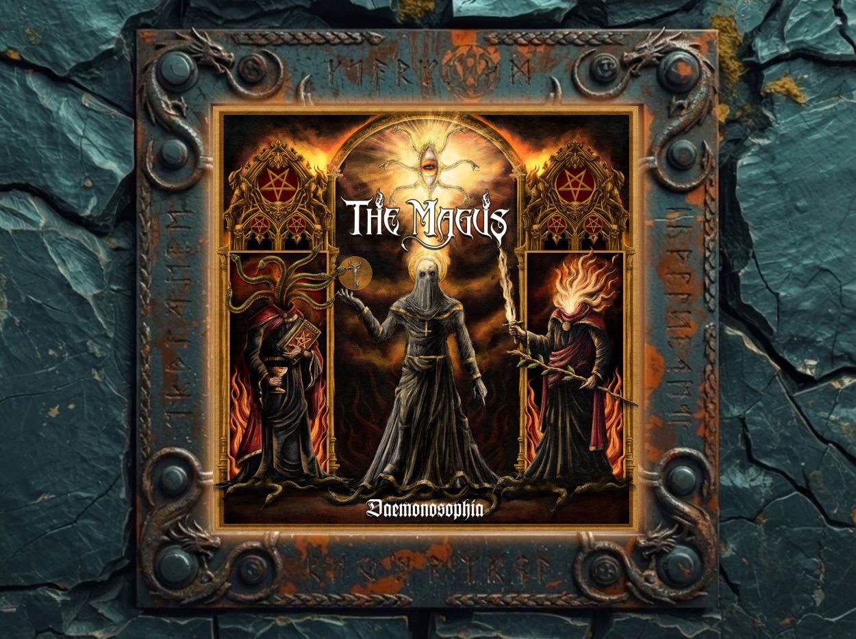 AAlbumcover The Magus – Daemonosophia: infernales Triptychon von Néstor Ávalos mit drei dämonischen Zwillingsgestalten – Lucifer/Samael mit Schlüssel, Leviathan/Tiamat mit Buch und Kelch, Satan/Belial mit Schwert und Zweig – im Stil eines dunklen byzantinischen Altars.