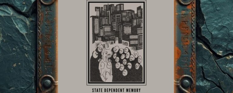 Albumcover Unmother – State Dependent Memory: stilisierte grauschwarze Stadt aus Betonblöcken über einem Meer aus verzerrten Gesichtern, im Vordergrund eine nackte, verkrampfte Gestalt, alles in einem rechteckigen Rahmen auf beigegrauem Hintergrund mit rotem „UNMOTHER“-Schriftzug.