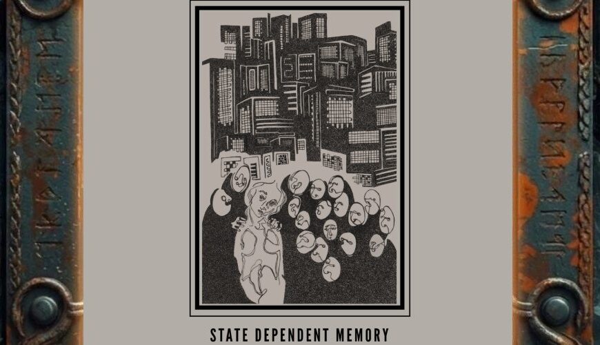 Albumcover Unmother – State Dependent Memory: stilisierte grauschwarze Stadt aus Betonblöcken über einem Meer aus verzerrten Gesichtern, im Vordergrund eine nackte, verkrampfte Gestalt, alles in einem rechteckigen Rahmen auf beigegrauem Hintergrund mit rotem „UNMOTHER“-Schriftzug.
