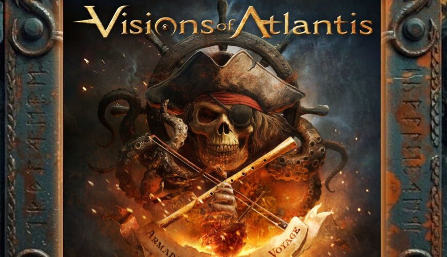 Albumcover von Visions Of Atlantis – „Armada – An Orchestral Voyage“: In einem bronzefarben-grünen, ornamentierten Metallrahmen mit Runen sitzt ein Piratenskelett mit Dreispitz und rotem Stirnband vor einem Schiffssteuerrad, umschlungen von Krakenarmen. Das Skelett hält zwei gekreuzte Flöten vor einer glühenden, orange lodernden Kugel, darunter weht ein Pergamentband mit dem Albumtitel, alles vor dunklem Rauch- und Nebelhintergrund.
