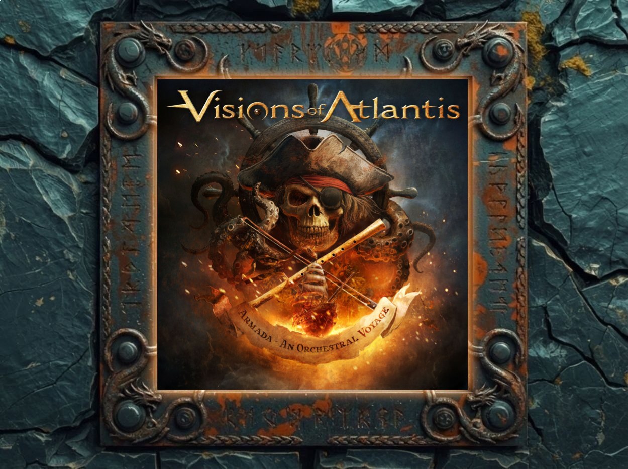 Albumcover von Visions Of Atlantis – „Armada – An Orchestral Voyage“: In einem bronzefarben-grünen, ornamentierten Metallrahmen mit Runen sitzt ein Piratenskelett mit Dreispitz und rotem Stirnband vor einem Schiffssteuerrad, umschlungen von Krakenarmen. Das Skelett hält zwei gekreuzte Flöten vor einer glühenden, orange lodernden Kugel, darunter weht ein Pergamentband mit dem Albumtitel, alles vor dunklem Rauch- und Nebelhintergrund.