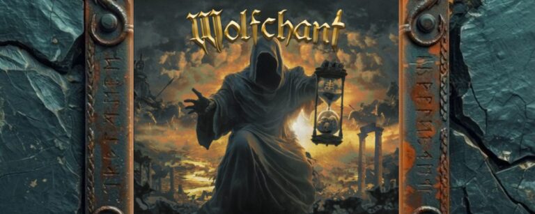 Albumcover Wolfchant – Echoes Of A Time Once Past: riesige vermummte Gestalt in dunkler Kutte sitzt auf Treppen vor apokalyptischem Himmel, hält eine Sanduhr mit Schädeln in der Hand, ringsum brennende Ruinen und Reiterheere.