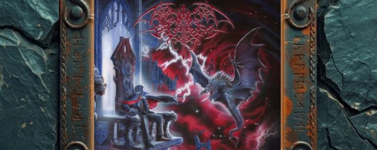 Albumcover Worm – Necropalace: vampirischer Fürst auf steinernem Thron vor gotischer Festung, ihm gegenüber ein drachenartiger Fledermausdämon im blutroten Wirbelhimmel.